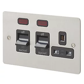 MK Edge 45A 2-Gang DP Cooker Switch & 13A DP Switched Socket Brushed Stainless Steel with Neon with Black Inserts 3 MK Edge 45A 2-Gang DP Cooker Switch & 13A DP Switched Socket Brushed Stainless Steel with Neon with Black Inserts