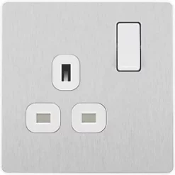 British General Evolve 13A 1-Gang SP Switched Socket Brushed Steel with White Inserts -Steel Switches Sales 126RF A2