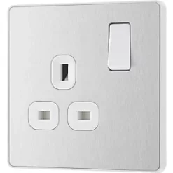 British General Evolve 13A 1-Gang SP Switched Socket Brushed Steel with White Inserts -Steel Switches Sales 126RF A3