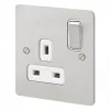 MK Edge 13A 1-Gang DP Switched Plug Socket Brushed Stainless Steel with White Inserts -Steel Switches Sales 162FF P