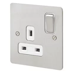 MK Edge 13A 1-Gang DP Switched Plug Socket Brushed Stainless Steel with White Inserts