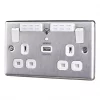 LAP 13A 2-Gang SP Switched Wi-Fi Extender + 2.1A 1-Outlet Type A USB Charger Brushed Steel with White Inserts -Steel Switches Sales 170FV P