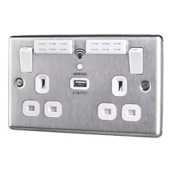 LAP 13A 2-Gang SP Switched Wi-Fi Extender + 2.1A 1-Outlet Type A USB Charger Brushed Steel with White Inserts