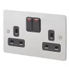 MK Edge 13A 2-Gang DP Switched Plug Socket Brushed Stainless Steel with Neon with Black Inserts -Steel Switches Sales 209FF P