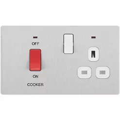British General Evolve 45A 2-Gang 2-Pole Cooker Switch & 13A DP Switched Socket Brushed Steel with LED with White Inserts -Steel Switches Sales 255PX A2