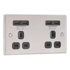 LAP 13A 2-Gang Unswitched Socket + 4.2A 4-Outlet Type A USB Charger Brushed Stainless Steel with Black Inserts -Steel Switches Sales 2564T A2