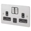 MK Edge 13A 2-Gang DP Switched Socket + 2A 2-Outlet Type A USB Charger Brushed Stainless Steel with Black Inserts 2 MK Edge 13A 2-Gang DP Switched Socket + 2A 2-Outlet Type A USB Charger Brushed Stainless Steel with Black Inserts -Steel Switches Sales 267HX P