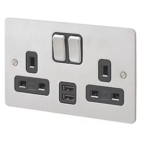 MK Edge 13A 2-Gang DP Switched Socket + 2A 2-Outlet Type A USB Charger Brushed Stainless Steel with Black Inserts 3 MK Edge 13A 2-Gang DP Switched Socket + 2A 2-Outlet Type A USB Charger Brushed Stainless Steel with Black Inserts