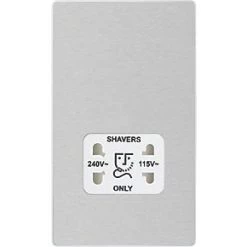British General Evolve 2-Gang Dual Voltage Shaver Socket 115/240V Brushed Steel with White Inserts -Steel Switches Sales 279RF A2