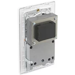 British General Evolve 2-Gang Dual Voltage Shaver Socket 115/240V Brushed Steel with White Inserts -Steel Switches Sales 279RF A4