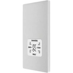 British General Evolve 2-Gang Dual Voltage Shaver Socket 115/240V Brushed Steel with White Inserts