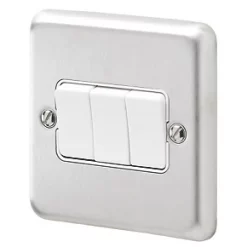 MK Albany Plus 10AX 3-Gang 2-Way Switch Brushed Stainless Steel with White Inserts