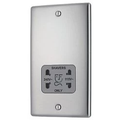 British General Nexus Metal 2-Gang Dual Voltage Shaver Socket 115 / 240V Brushed Stainless Steel with Graphite Inserts