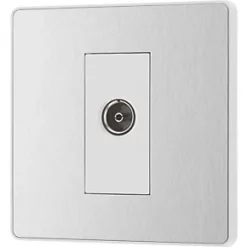 British General Evolve Coaxial TV / FM Socket Brushed Steel with White Inserts -Steel Switches Sales 334RF A3