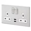 MK Aspect 13A 2-Gang DP Switched Socket + 2A 2-Outlet Type A USB Charger Brushed Stainless Steel with White Inserts -Steel Switches Sales 336HX P