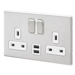 MK Aspect 13A 2-Gang DP Switched Socket + 2A 2-Outlet Type A USB Charger Brushed Stainless Steel with White Inserts 3 MK Aspect 13A 2-Gang DP Switched Socket + 2A 2-Outlet Type A USB Charger Brushed Stainless Steel with White Inserts