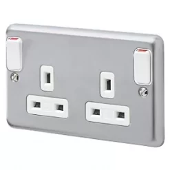 MK Albany Plus 13A 2-Gang DP Switched Plug Socket Brushed Stainless Steel with White Inserts