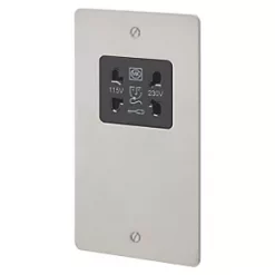 MK Edge 2-Gang Dual Voltage Shaver Socket 115 / 230V Brushed Stainless Steel with Black Inserts