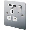 LAP 13A 1-Gang SP Switched Socket + 2.1A 2-Outlet Type A USB Charger Brushed Stainless Steel with White Inserts -Steel Switches Sales 4101F P