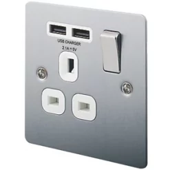 LAP 13A 1-Gang SP Switched Socket + 2.1A 2-Outlet Type A USB Charger Brushed Stainless Steel with White Inserts