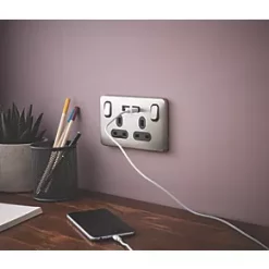 Schneider Electric Lisse Deco 13A 2-Gang SP Switched Socket + 2.1A 2-Outlet Type A USB Charger Brushed Stainless Steel with Black Inserts -Steel Switches Sales 440CC A4