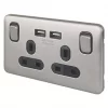 Schneider Electric Lisse Deco 13A 2-Gang SP Switched Socket + 2.1A 2-Outlet Type A USB Charger Brushed Stainless Steel with Black Inserts -Steel Switches Sales 440CC P