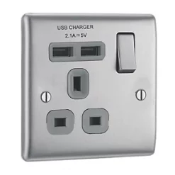 British General Nexus Metal 13A 1-Gang SP Switched Socket + 2.1A 2-Outlet Type A USB Charger Brushed Steel with Graphite Inserts