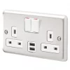 MK Albany Plus 13A 2-Gang DP Switched Socket + 2A 2-Outlet Type A USB Charger Brushed Stainless Steel with White Inserts -Steel Switches Sales 492HX P
