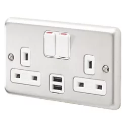 MK Albany Plus 13A 2-Gang DP Switched Socket + 2A 2-Outlet Type A USB Charger Brushed Stainless Steel with White Inserts