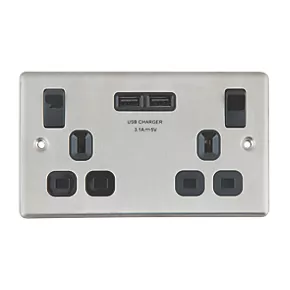 LAP 13A 2-Gang SP Switched Socket + 3.1A 2-Outlet Type A USB Charger Brushed Stainless Steel with Black Inserts 4 LAP 13A 2-Gang SP Switched Socket + 3.1A 2-Outlet Type A USB Charger Brushed Stainless Steel with Black Inserts - Image 2