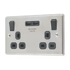 LAP 13A 2-Gang SP Switched Socket + 3.1A 2-Outlet Type A USB Charger Brushed Stainless Steel with Black Inserts