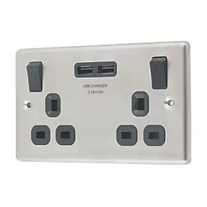 LAP 13A 2-Gang SP Switched Socket + 3.1A 2-Outlet Type A USB Charger Brushed Stainless Steel with Black Inserts 3 LAP 13A 2-Gang SP Switched Socket + 3.1A 2-Outlet Type A USB Charger Brushed Stainless Steel with Black Inserts