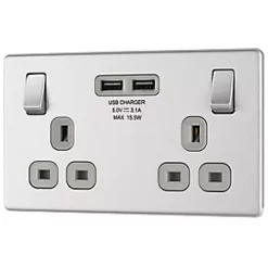 LAP 13A 2-Gang DP Switched Socket + 3.1A 2-Outlet Type A USB Charger Brushed Stainless Steel with Graphite Inserts
