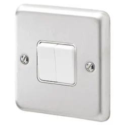 MK Albany Plus 10AX 2-Gang 2-Way Light Switch Brushed Stainless Steel with White Inserts