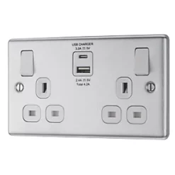 LAP 13A 2-Gang SP Switched Socket + 4.2A 2-Outlet Type A & C USB Charger Brushed Stainless Steel with White Inserts
