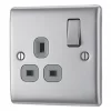 British General Nexus Metal 13A 1-Gang SP Switched Plug Socket Brushed Steel with Graphite Inserts -Steel Switches Sales 58967 P