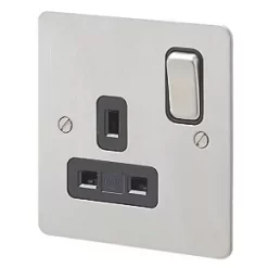 MK Edge 13A 1-Gang DP Switched Plug Socket Brushed Stainless Steel with Black Inserts
