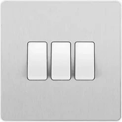 British General Evolve 20 A 16AX 3-Gang 2-Way Light Switch Brushed Steel with White Inserts -Steel Switches Sales 605PY A2