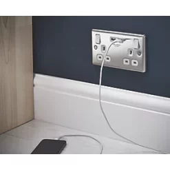 LAP 13A 2-Gang SP Switched Socket + 3.1A 2-Outlet Type A USB Charger Brushed Stainless Steel with White Inserts -Steel Switches Sales 6222P A5