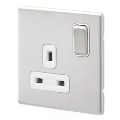 MK Aspect 13A 1-Gang DP Switched Plug Socket Brushed Stainless Steel with White Inserts