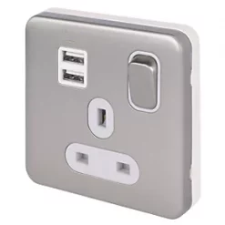 Schneider Electric Lisse Deco 13A 1-Gang SP Switched Socket + 2.1A 2-Outlet Type A USB Charger Brushed Stainless Steel with White Inserts