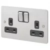 MK Edge 13A 2-Gang DP Switched Plug Socket Brushed Stainless Steel with Black Inserts -Steel Switches Sales 639FF P
