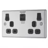 LAP 13A 2-Gang SP Switched Socket + 4.2A 2-Outlet Type A & C USB Charger Brushed Stainless Steel with Black Inserts