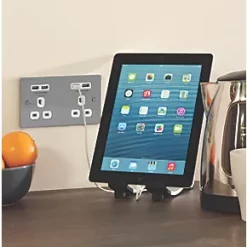 LAP 13A 2-Gang Unswitched Socket + 4.2A 4-Outlet Type A USB Charger Brushed Stainless Steel with White Inserts -Steel Switches Sales 6424T A4