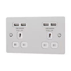LAP 13A 2-Gang Unswitched Socket + 4.2A 4-Outlet Type A USB Charger Brushed Stainless Steel with White Inserts