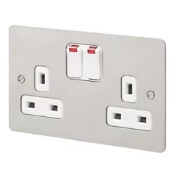 MK Edge 13A 2-Gang DP Switched Plug Socket Brushed Stainless Steel with Neon with White Inserts