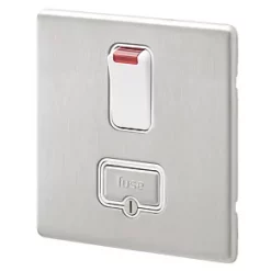 MK Aspect 13A Switched Fused Spur with Neon Brushed Stainless Steel with White Inserts