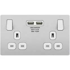 British General Evolve 13A 2-Gang SP Switched Socket + 3.1A 2-Outlet Type A USB Charger Brushed Steel with White Inserts -Steel Switches Sales 652RF A2