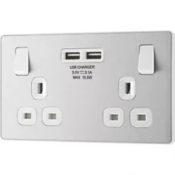 British General Evolve 13A 2-Gang SP Switched Socket + 3.1A 2-Outlet Type A USB Charger Brushed Steel with White Inserts -Steel Switches Sales 652RF A3