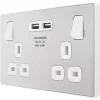 British General Evolve 13A 2-Gang SP Switched Socket + 3.1A 2-Outlet Type A USB Charger Brushed Steel with White Inserts -Steel Switches Sales 652RF P